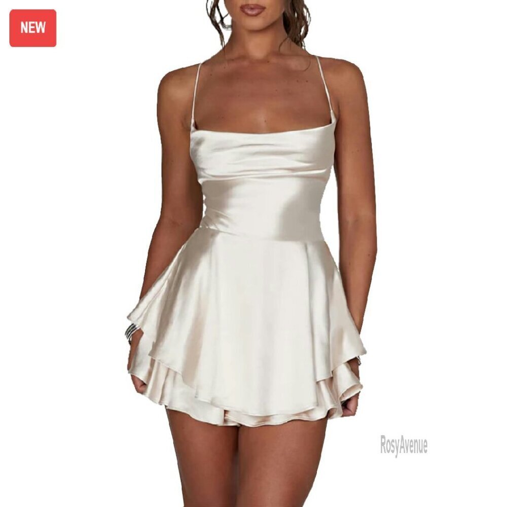 Satin A-Line Romper Sleeveless Open Back Tiered Mini Jumpsuit Tummy Control